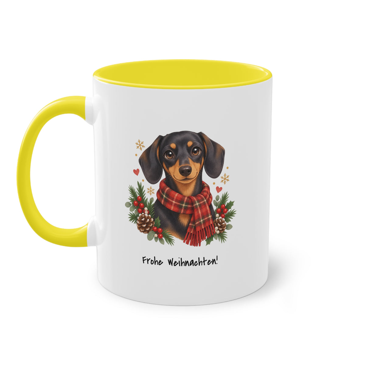 Personalisierte Tasse PanaPeti in Weiß mit gelben Akzenten und Haustierportrait im Design „Weihnachtsgeschenk“, Seitenansicht.