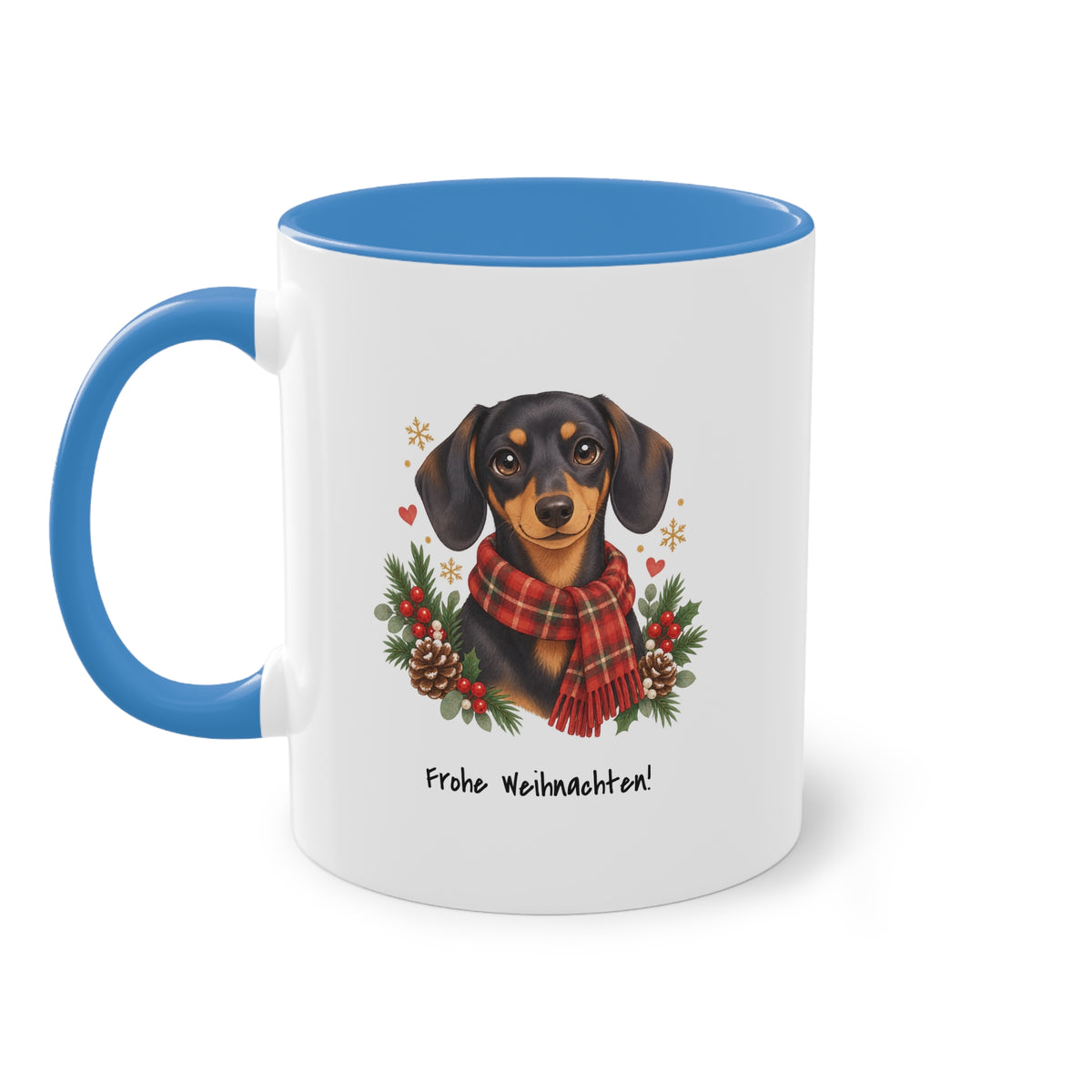 Personalisierte Tasse PanaPeti in Weiß mit hellblauen Akzenten und Haustierportrait im Design „Weihnachtsgeschenk“, Seitenansicht.