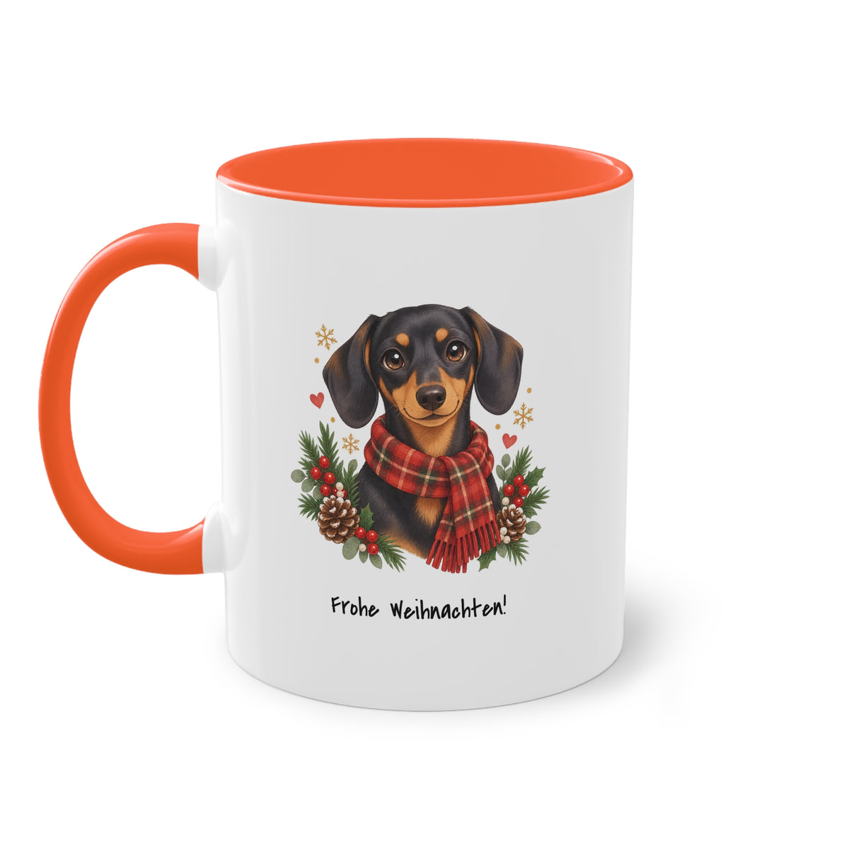 Personalisierte Tasse PanaPeti in Weiß mit orangefarbenen Akzenten und Haustierportrait im Design „Weihnachtsgeschenk“, Seitenansicht.
