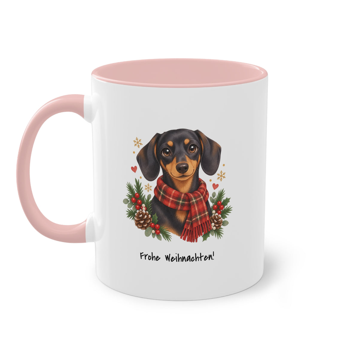 Personalisierte Tasse PanaPeti in Weiß mit pinkfarbenen Akzenten und Haustierportrait im Design „Weihnachtsgeschenk“, Seitenansicht.