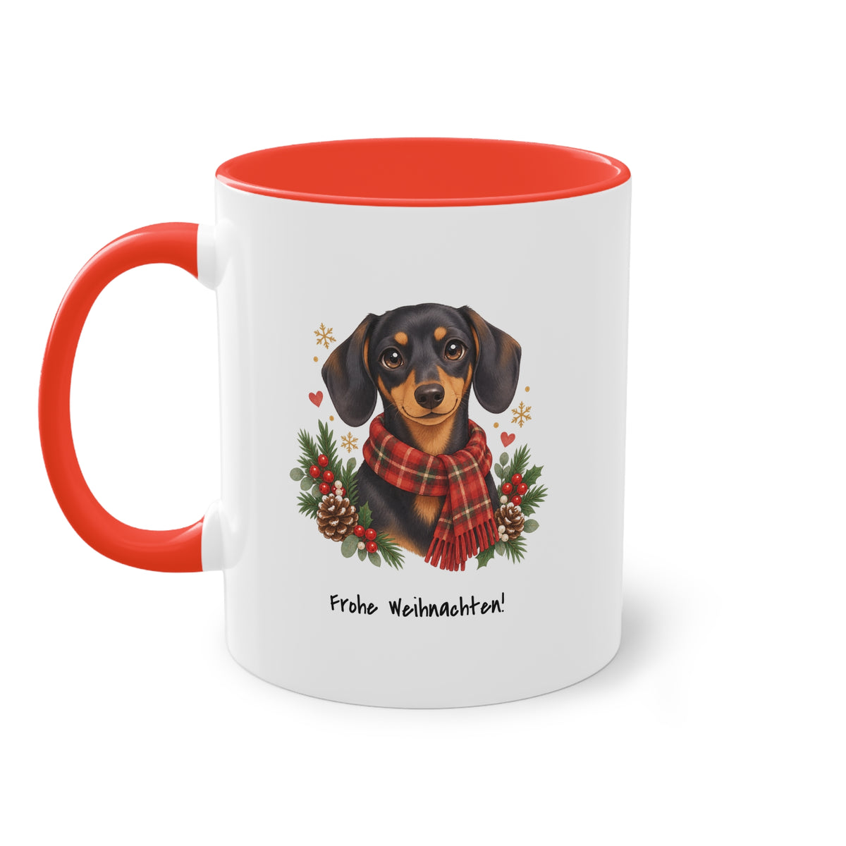 Personalisierte Tasse PanaPeti in Weiß mit roten Akzenten und Haustierportrait im Design „Weihnachtsgeschenk“, Seitenansicht.