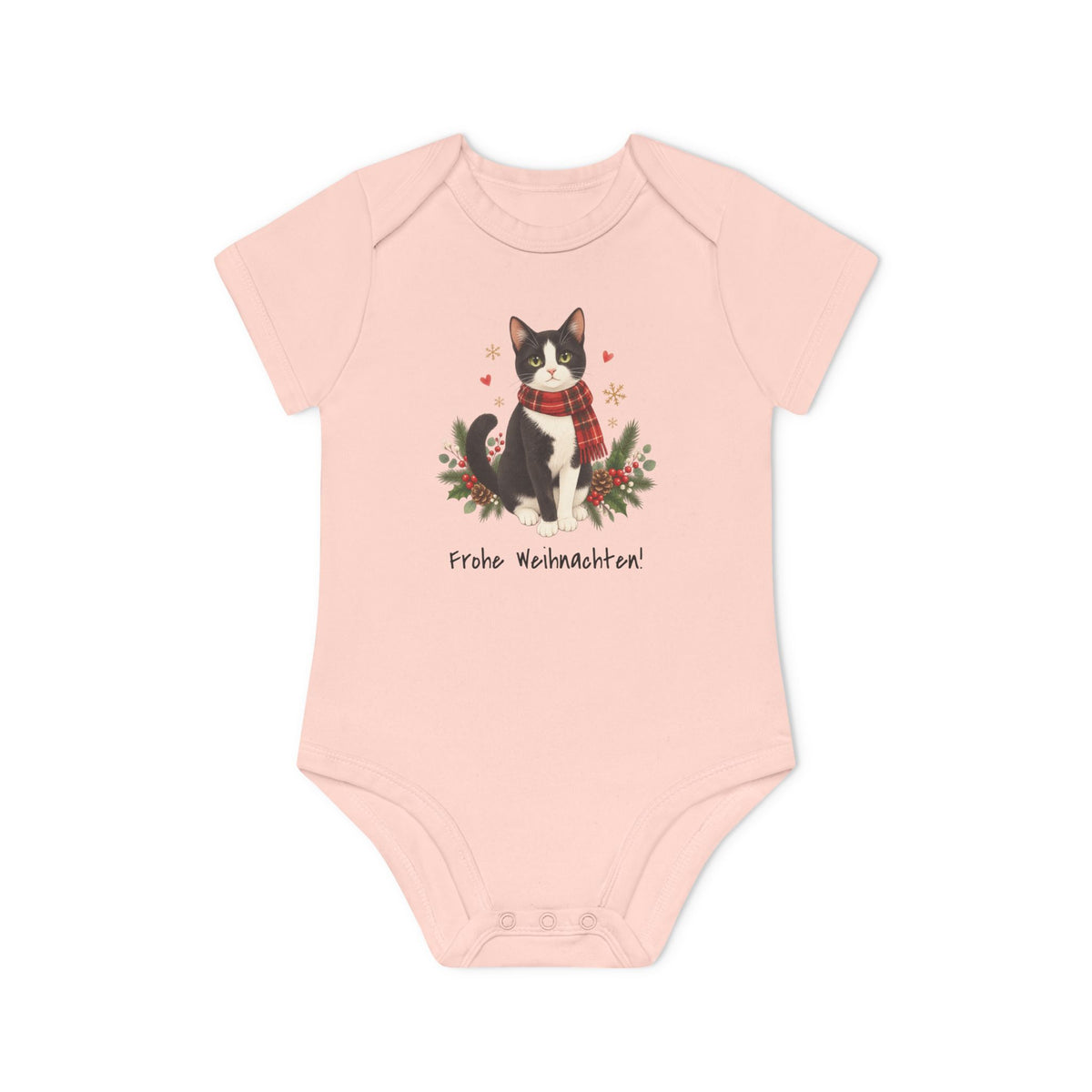 Personalisierter Kurzarm-Baby-Body PanaPeti in Puderrosa mit Haustierportrait im Design „Weihnachtsgeschenk“, Vorderansicht.