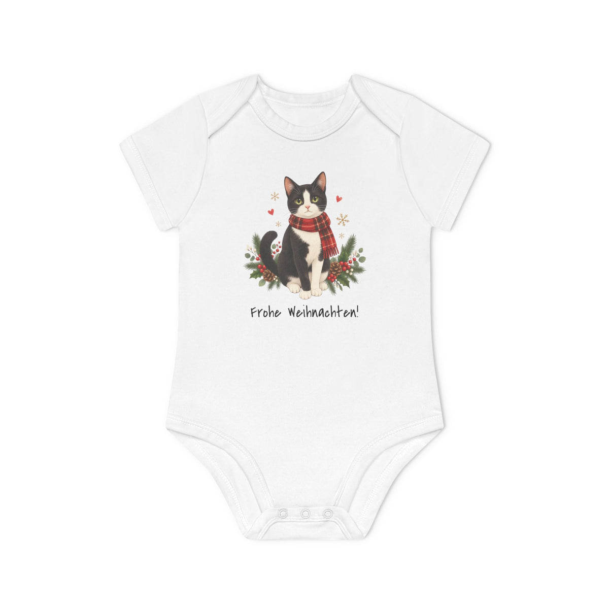 Personalisierter Kurzarm-Baby-Body PanaPeti in Weiß mit Haustierportrait im Design „Weihnachtsgeschenk“, Vorderansicht.