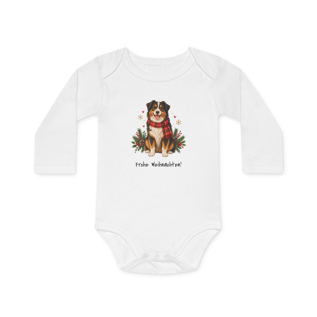 Personalisierter Langarm-Baby-Body PanaPeti in Weiß mit Haustierportrait im Design „Weihnachtsgeschenk“, Vorderansicht.