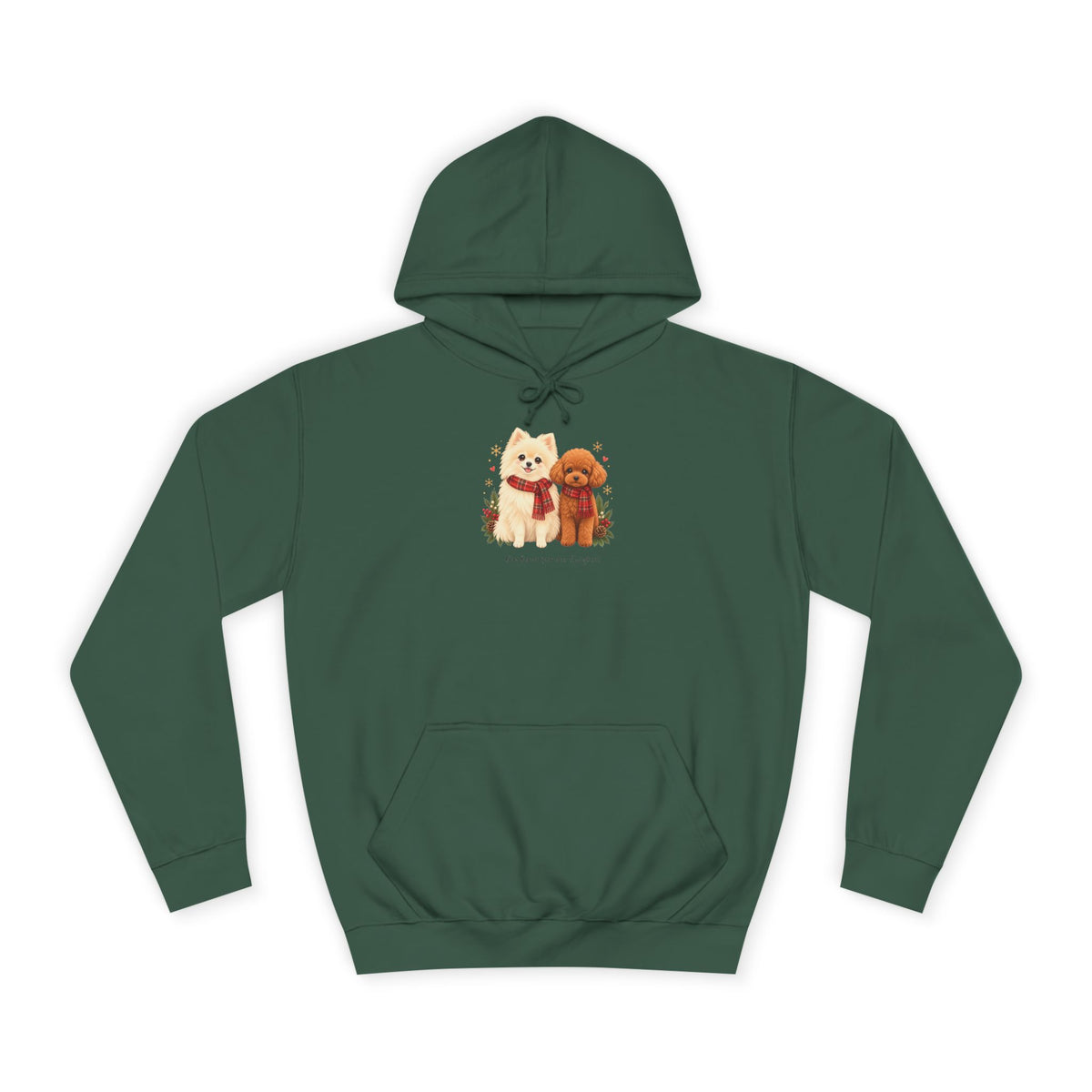 Personalisierter Unisex-Hoodie PanaPeti in Dunkelgrün mit Haustierportraits im Design „Weihnachtsgeschenk“, Vorderansicht.