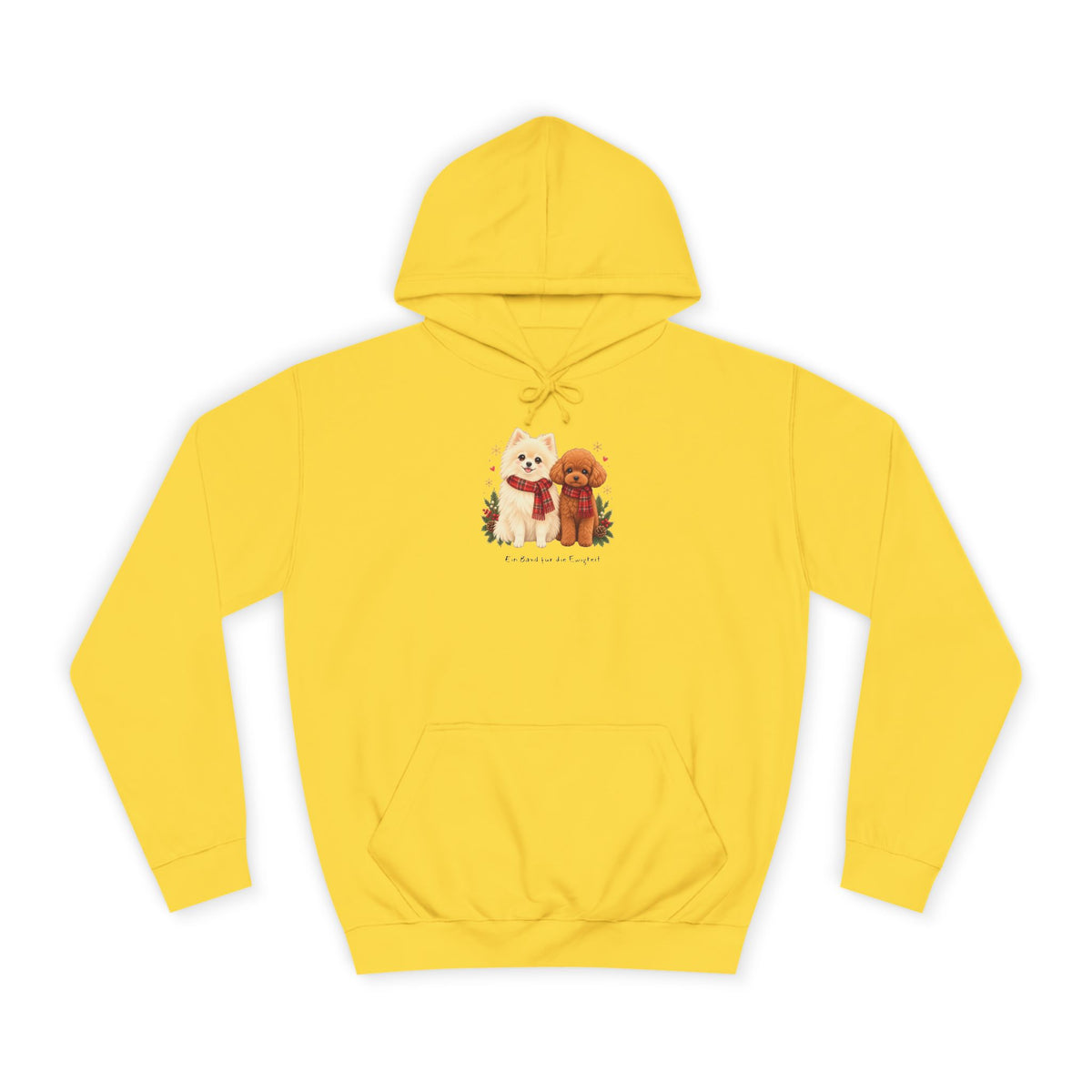 Personalisierter Unisex-Hoodie PanaPeti in Gelb mit Haustierportraits im Design „Weihnachtsgeschenk“, Vorderansicht.