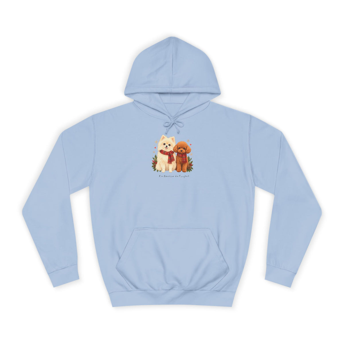 Personalisierter Unisex-Hoodie PanaPeti in Hellblau mit Haustierportraits im Design „Weihnachtsgeschenk“, Vorderansicht.