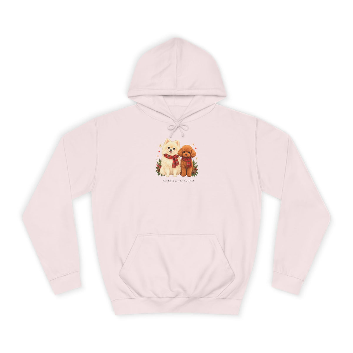 Personalisierter Unisex-Hoodie PanaPeti in Hellrosa mit Haustierportraits im Design „Weihnachtsgeschenk“, Vorderansicht.