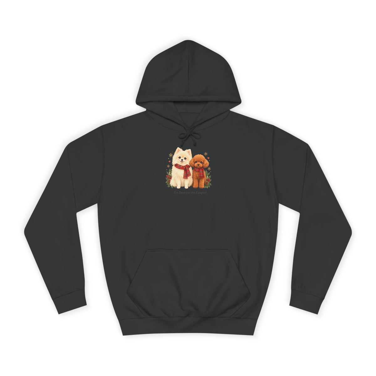 Personalisierter Unisex-Hoodie PanaPeti in Schwarz mit Haustierportraits im Design „Weihnachtsgeschenk“, Vorderansicht.