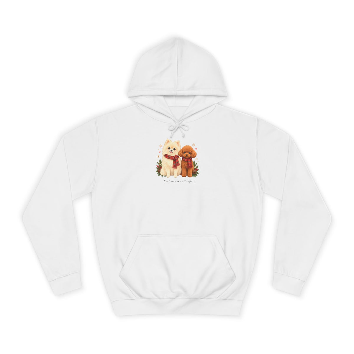 Personalisierter Unisex-Hoodie PanaPeti in Weiß mit Haustierportraits im Design „Weihnachtsgeschenk“, Vorderansicht.