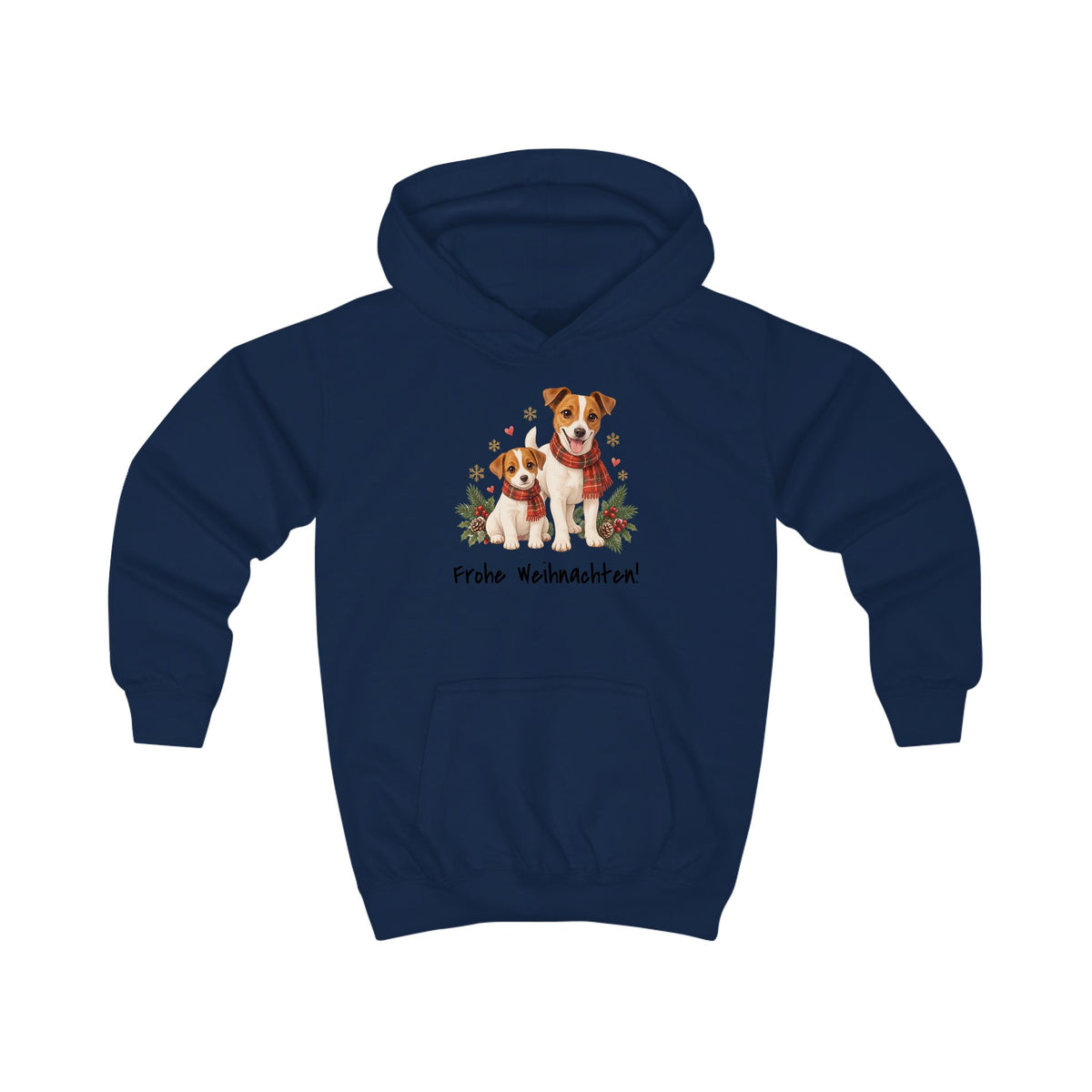 Personalisierter Kinder-Hoodie PanaPeti in Dunkelblau mit Haustierportraits im Design „Weihnachtsgeschenk“, Vorderansicht.