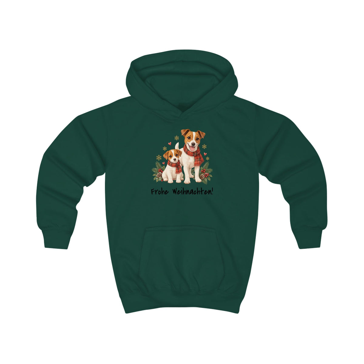 Personalisierter Kinder-Hoodie PanaPeti in Dunkelgrün mit Haustierportraits im Design „Weihnachtsgeschenk“, Vorderansicht.