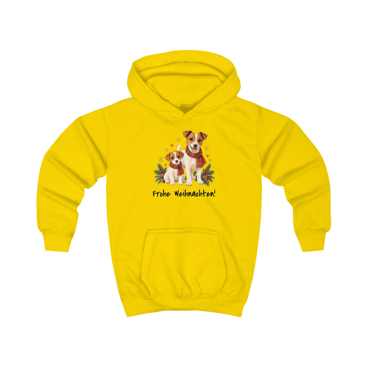 Personalisierter Kinder-Hoodie PanaPeti in Gelb mit Haustierportraits im Design „Weihnachtsgeschenk“, Vorderansicht.