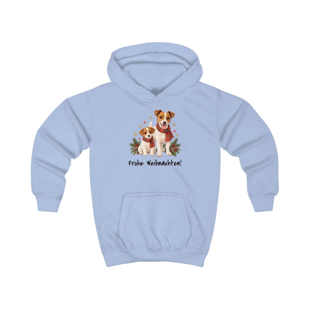 Personalisierter Kinder-Hoodie PanaPeti in Hellblau mit Haustierportraits im Design „Weihnachtsgeschenk“, Vorderansicht.