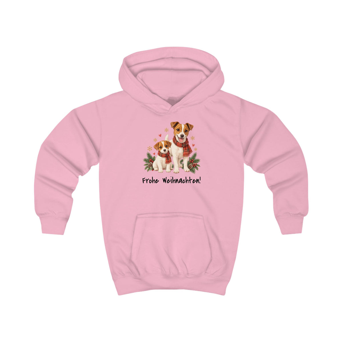 Personalisierter Kinder-Hoodie PanaPeti in Hellrosa mit Haustierportraits im Design „Weihnachtsgeschenk“, Vorderansicht.