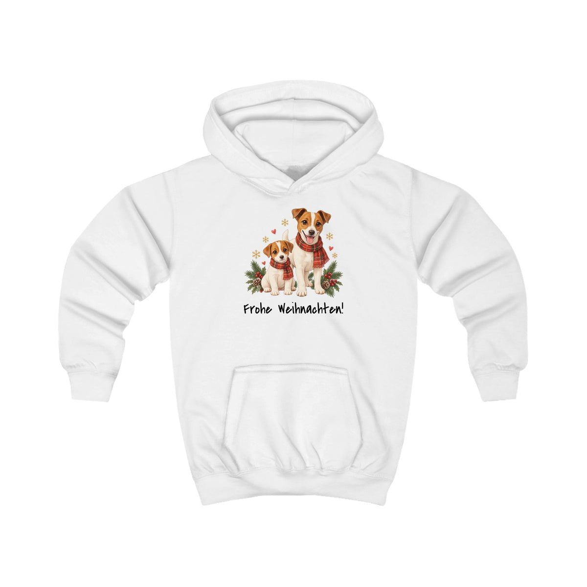 Personalisierter Kinder-Hoodie PanaPeti in Weiß mit Haustierportraits im Design „Weihnachtsgeschenk“, Vorderansicht.