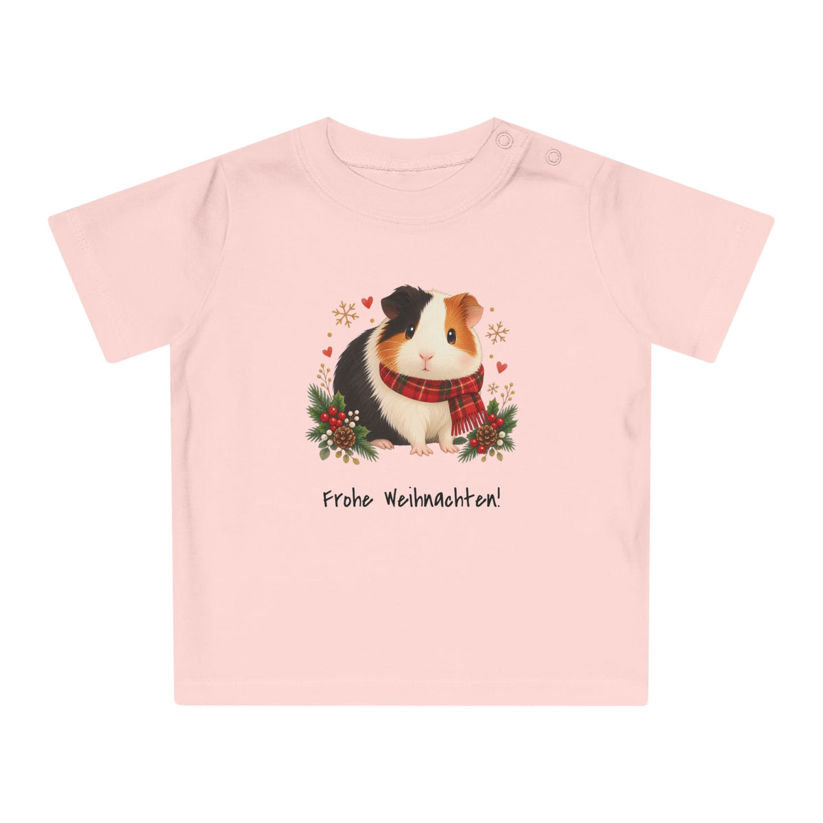 Personalisiertes Baby-T-Shirt PanaPeti in Puderrosa mit Haustierportrait im Design „Weihnachtsgeschenk“, Vorderansicht.