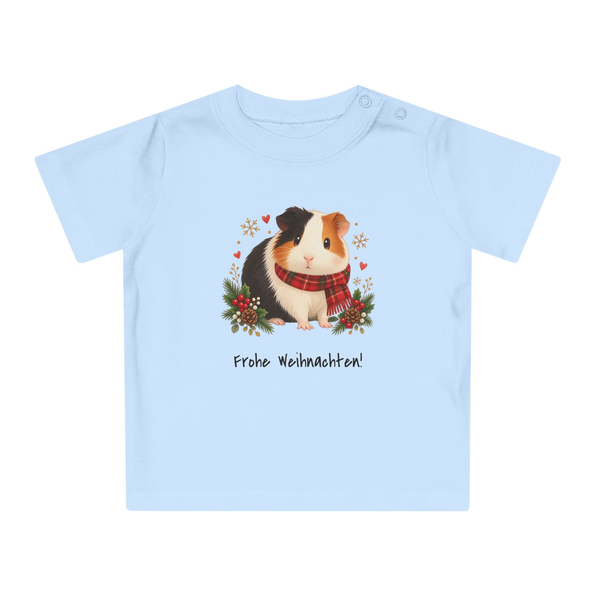 Personalisiertes Baby-T-Shirt PanaPeti in Staubblau mit Haustierportrait im Design „Weihnachtsgeschenk“, Vorderansicht.