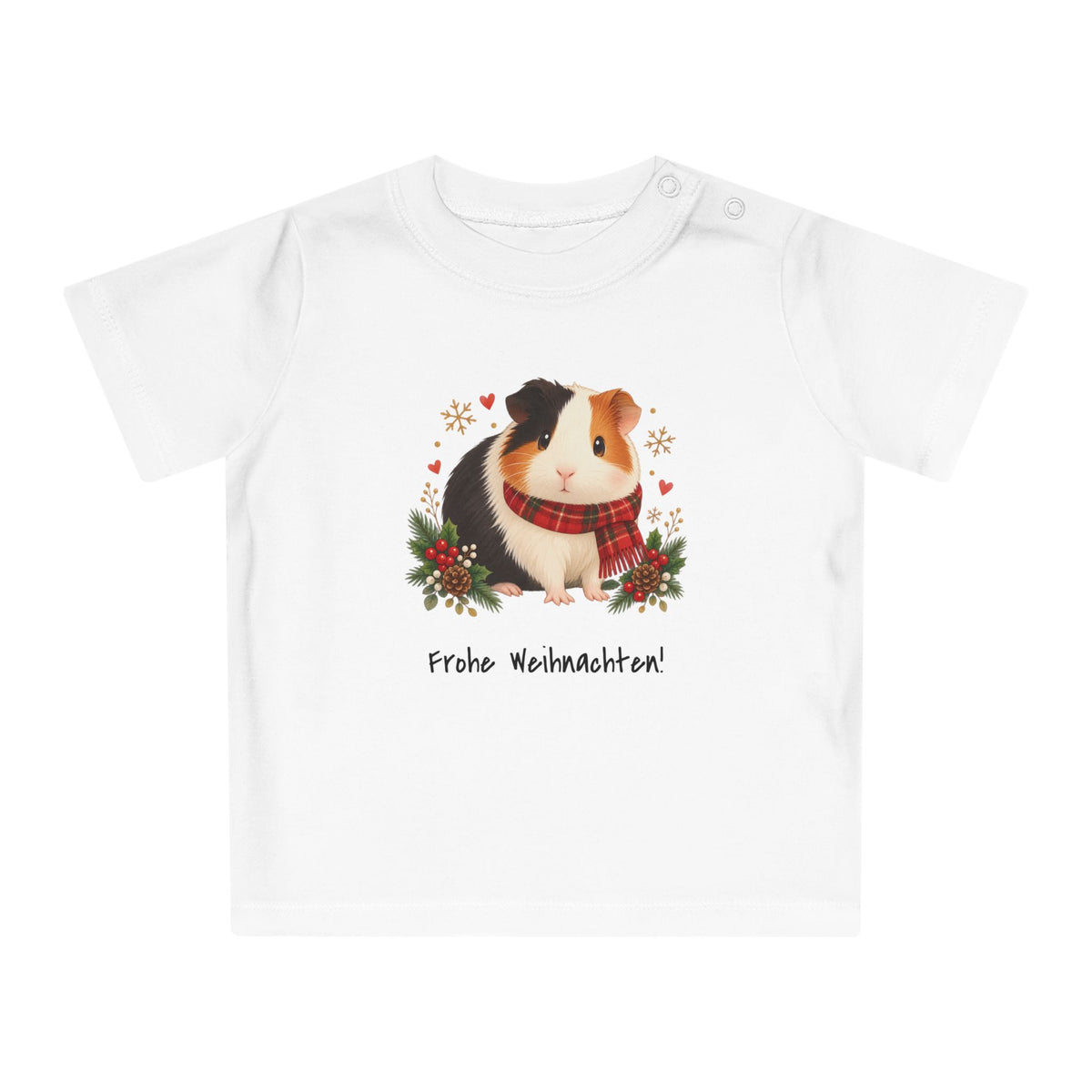 Personalisiertes Baby-T-Shirt PanaPeti in Weiß mit Haustierportrait im Design „Weihnachtsgeschenk“, Vorderansicht.
