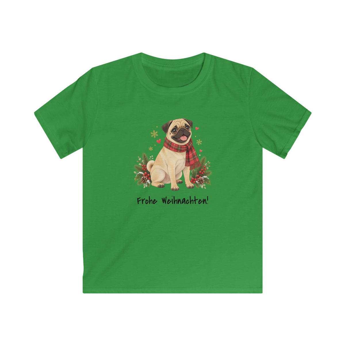 Personalisiertes Kinder-T-Shirt PanaPeti in Grün mit Haustierportrait im Design „Weihnachtsgeschenk“, Vorderansicht.