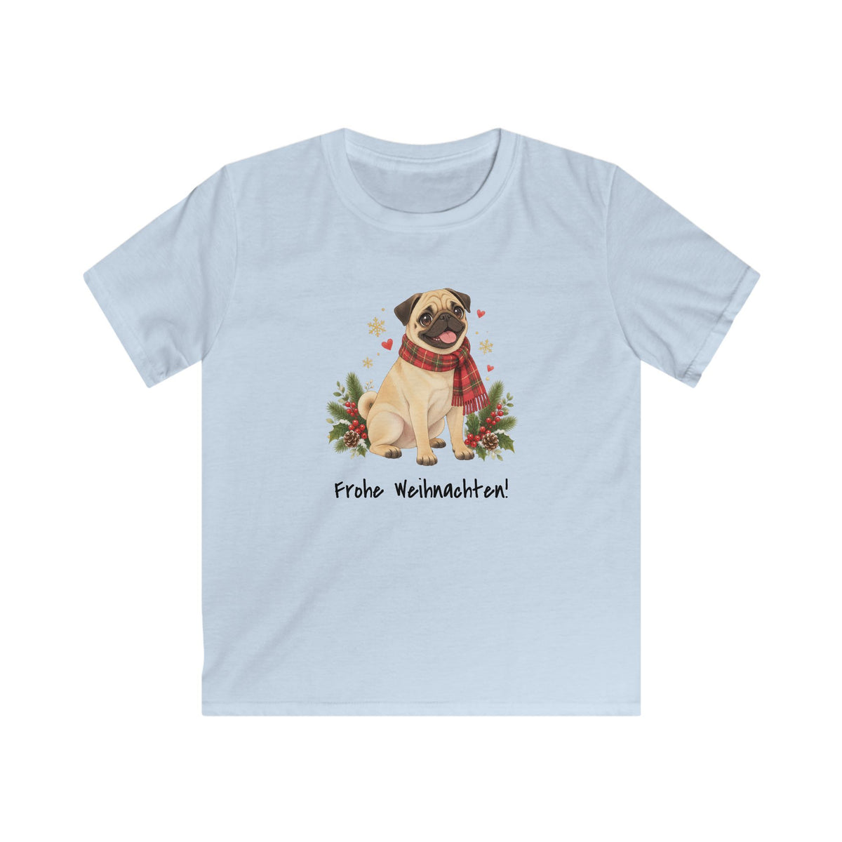 Personalisiertes Kinder-T-Shirt PanaPeti in Hellblau mit Haustierportrait im Design „Weihnachtsgeschenk“, Vorderansicht.