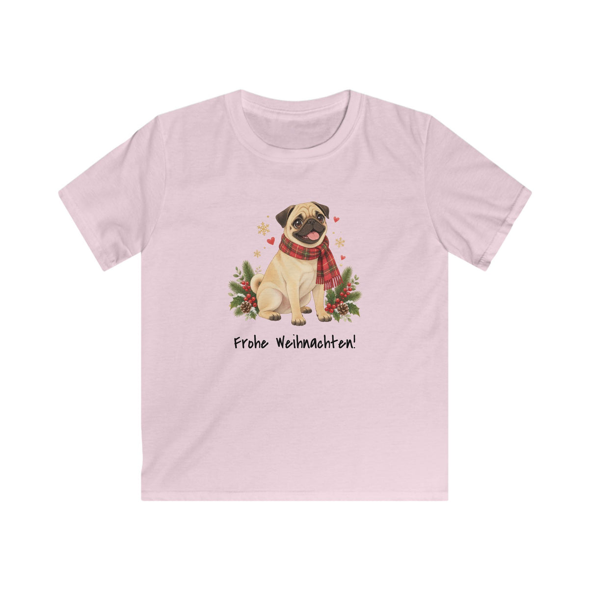Personalisiertes Kinder-T-Shirt PanaPeti in Hellrosa mit Haustierportrait im Design „Weihnachtsgeschenk“, Vorderansicht.