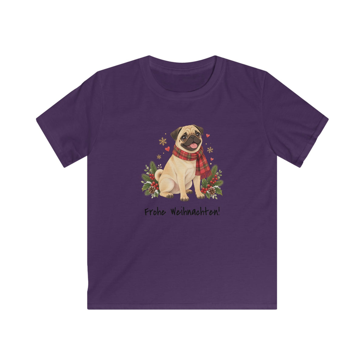 Personalisiertes Kinder-T-Shirt PanaPeti in Lila mit Haustierportrait im Design „Weihnachtsgeschenk“, Vorderansicht.