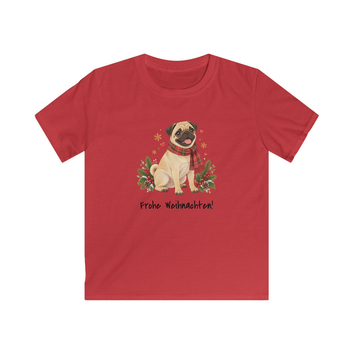 Personalisiertes Kinder-T-Shirt PanaPeti in Rot mit Haustierportrait im Design „Weihnachtsgeschenk“, Vorderansicht.