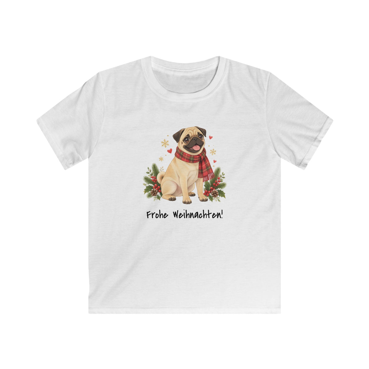 Personalisiertes Kinder-T-Shirt PanaPeti in Weiß mit Haustierportrait im Design „Weihnachtsgeschenk“, Vorderansicht.