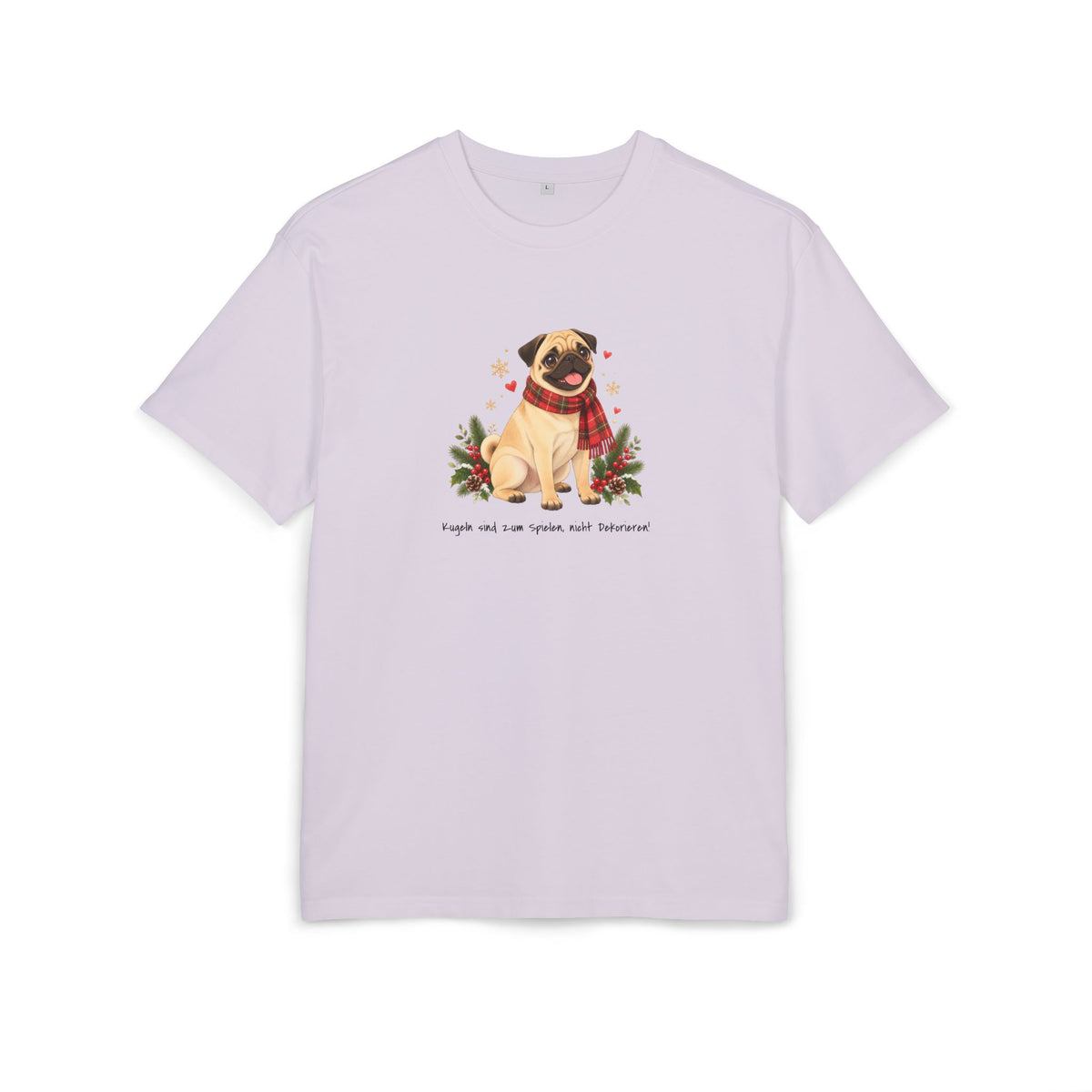 Personalisiertes Oversized-T-Shirt PanaPeti in Flieder mit Haustierportrait im Design „Weihnachtsgeschenk“, Vorderansicht.