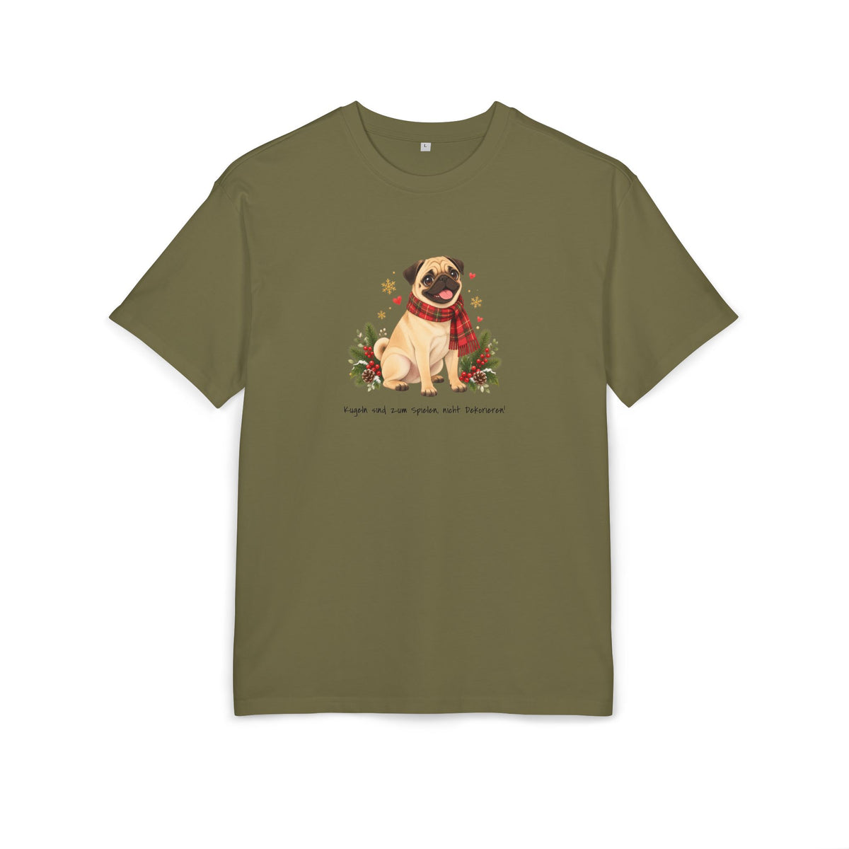 Personalisiertes Oversized-T-Shirt PanaPeti in Oliv mit Haustierportrait im Design „Weihnachtsgeschenk“, Vorderansicht.
