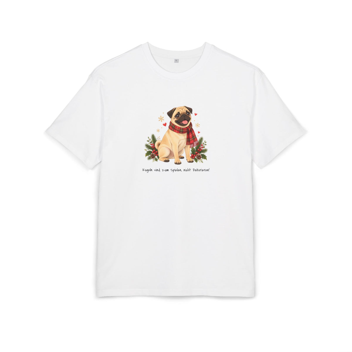 Personalisiertes Oversized-T-Shirt PanaPeti in Weiß mit Haustierportrait im Design „Weihnachtsgeschenk“, Vorderansicht.