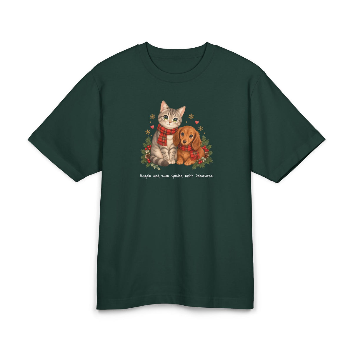 Personalisiertes Premium-T-Shirt PanaPeti in Dunkelgrün mit Haustierportraits im Design „Weihnachtsgeschenk“, Vorderansicht.