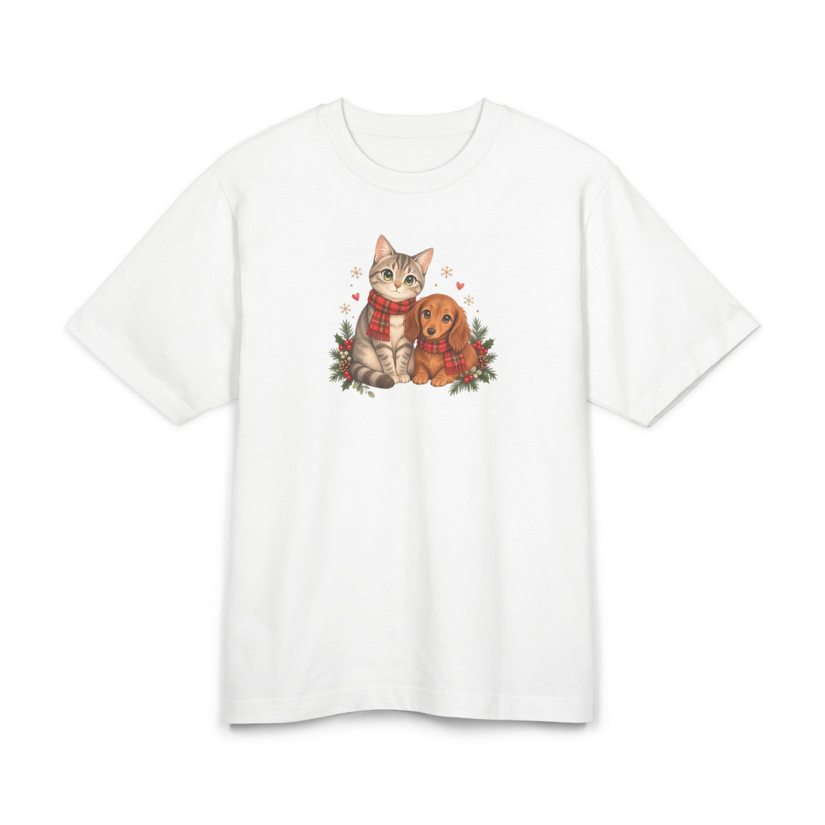 Personalisiertes Premium-T-Shirt PanaPeti in Weiß mit Haustierportraits im Design „Weihnachtsgeschenk“, Vorderansicht.