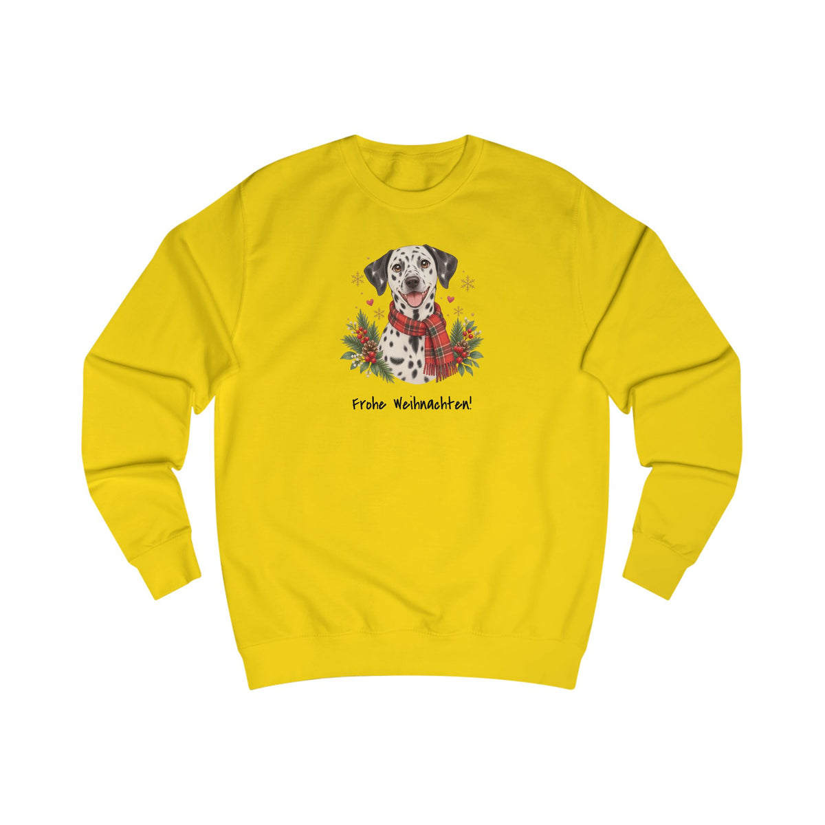 Personalisiertes Sweatshirt PanaPeti in Gelb mit Haustierportrait im Design „Weihnachtsgeschenk“, Vorderansicht.
