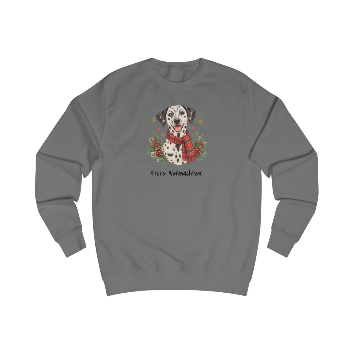 Personalisiertes Sweatshirt PanaPeti in Stahlgrau mit Haustierportrait im Design „Weihnachtsgeschenk“, Vorderansicht.